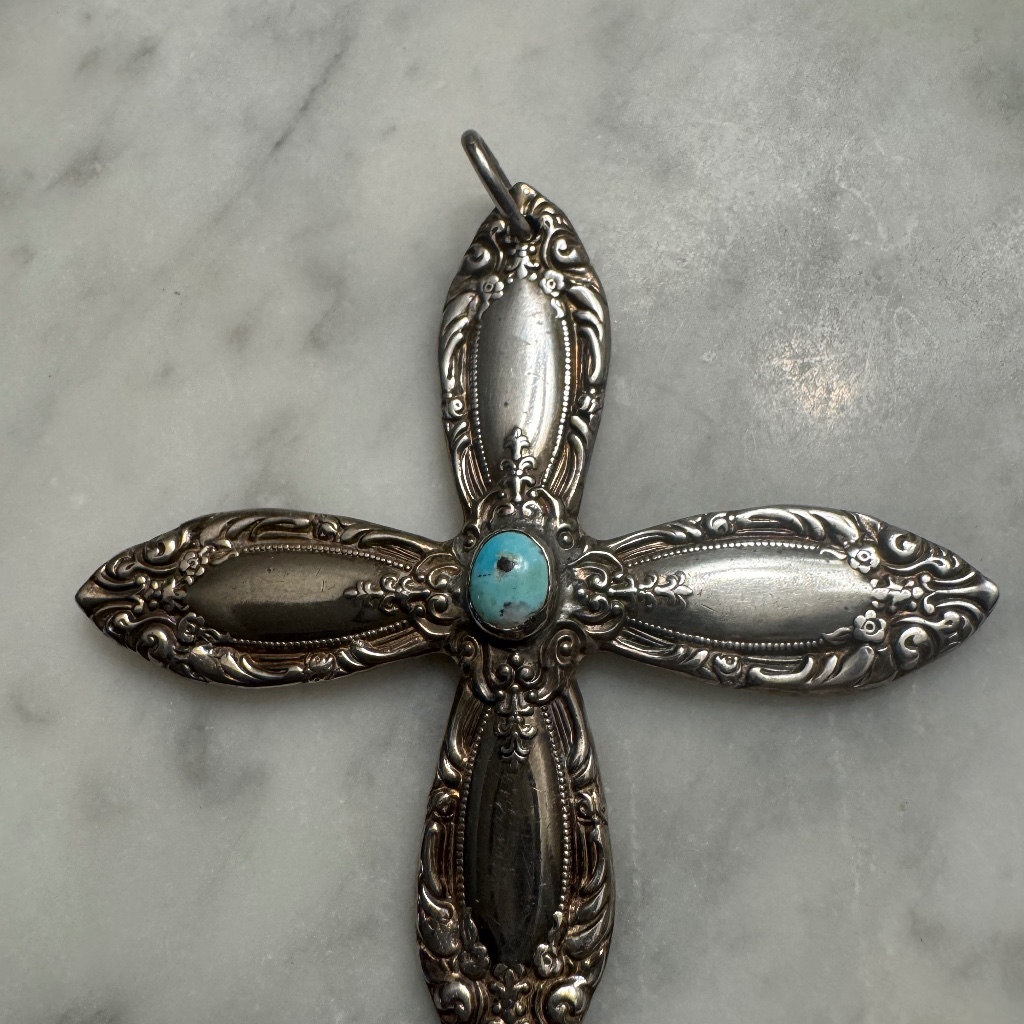 Vintage Towle Sterling Silver Spoon Handle Cross Pendant W/ Turquoise Cabochon